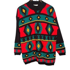 Vintage 90s Size XL Red Turquoise Southwest Aztec Sweater Mock Neck Diana Marco